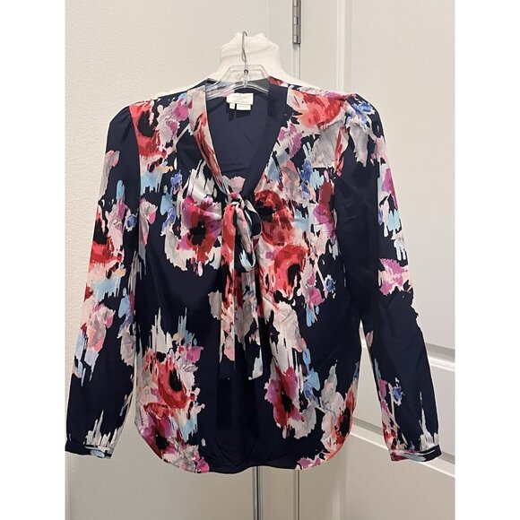 Kate Spade Reade Watercolor Floral Self Tie Silk Long Sleeve Blouse XSmall - Picture 2 of 10